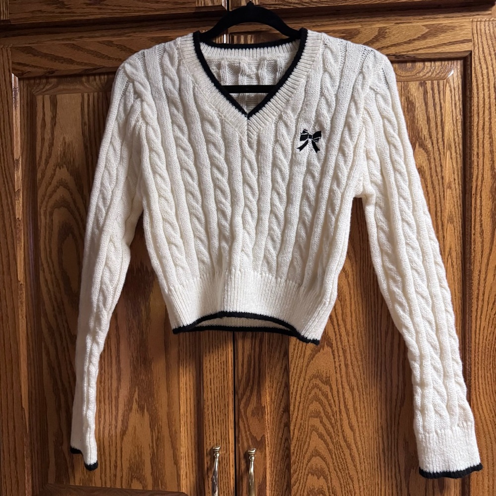 Women's White Cable Knit Sweater with Black Trim